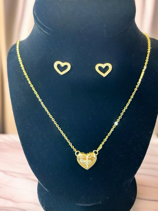 18K Gold Plated Heart & Cross Necklace and Earring Set