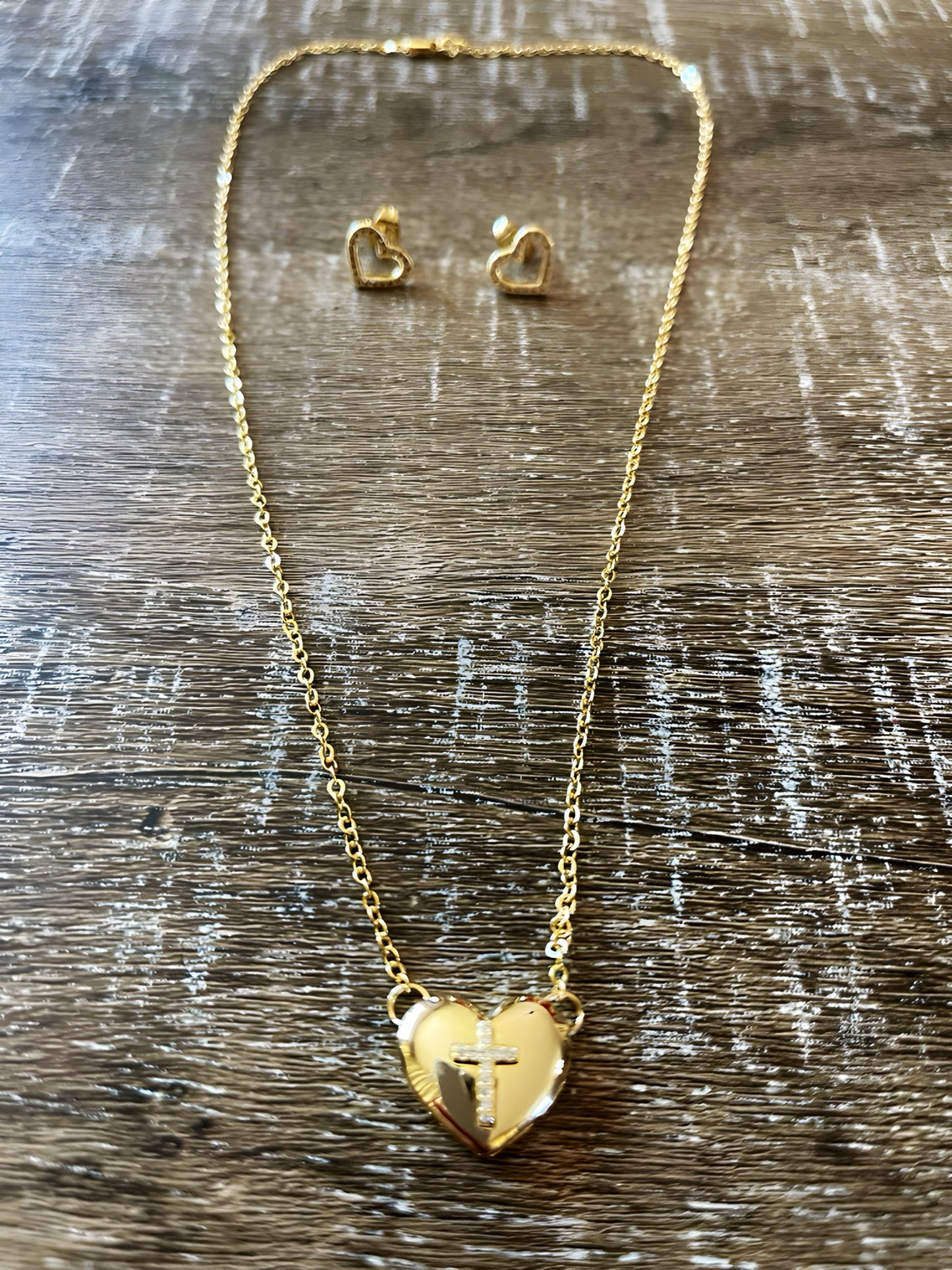 18K Gold Plated Heart & Cross Necklace and Earring Set