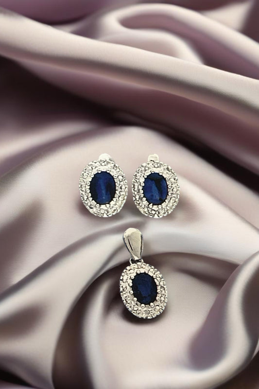 Genuine Solid 14K White Gold, with Sapphire and Diamonds Set