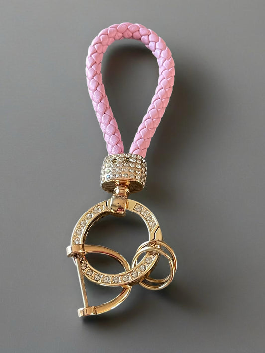 Braided Pink Leather Keychain