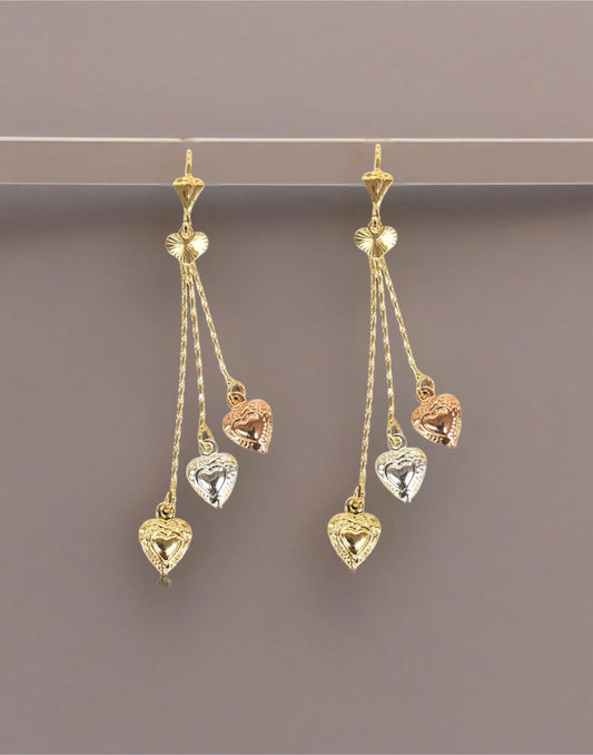 18K Gold Filled Triple Color Heart Dangle Earrings