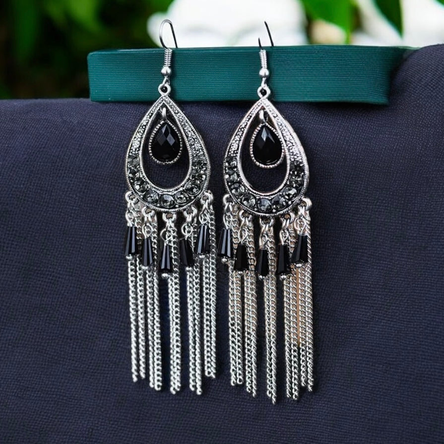 Fashion Black Beads Tassel Earring