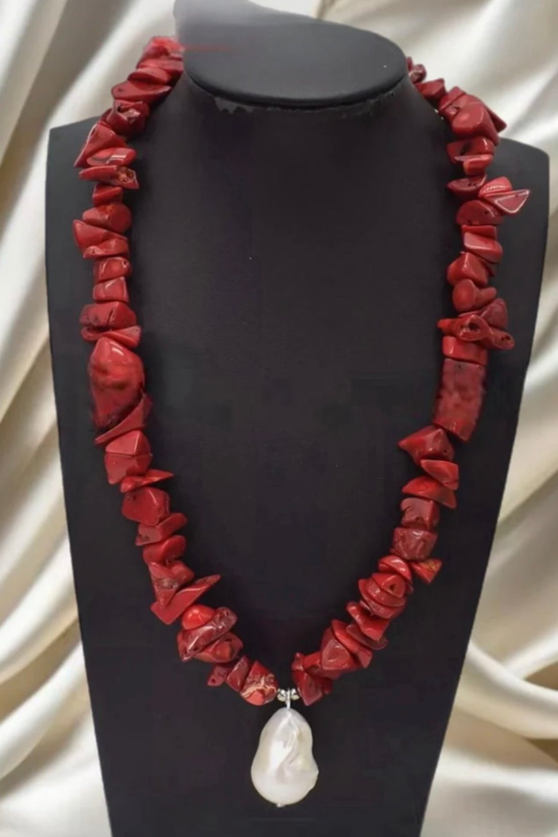 Natural Coral Red Stone with Baroque Pearl Necklace