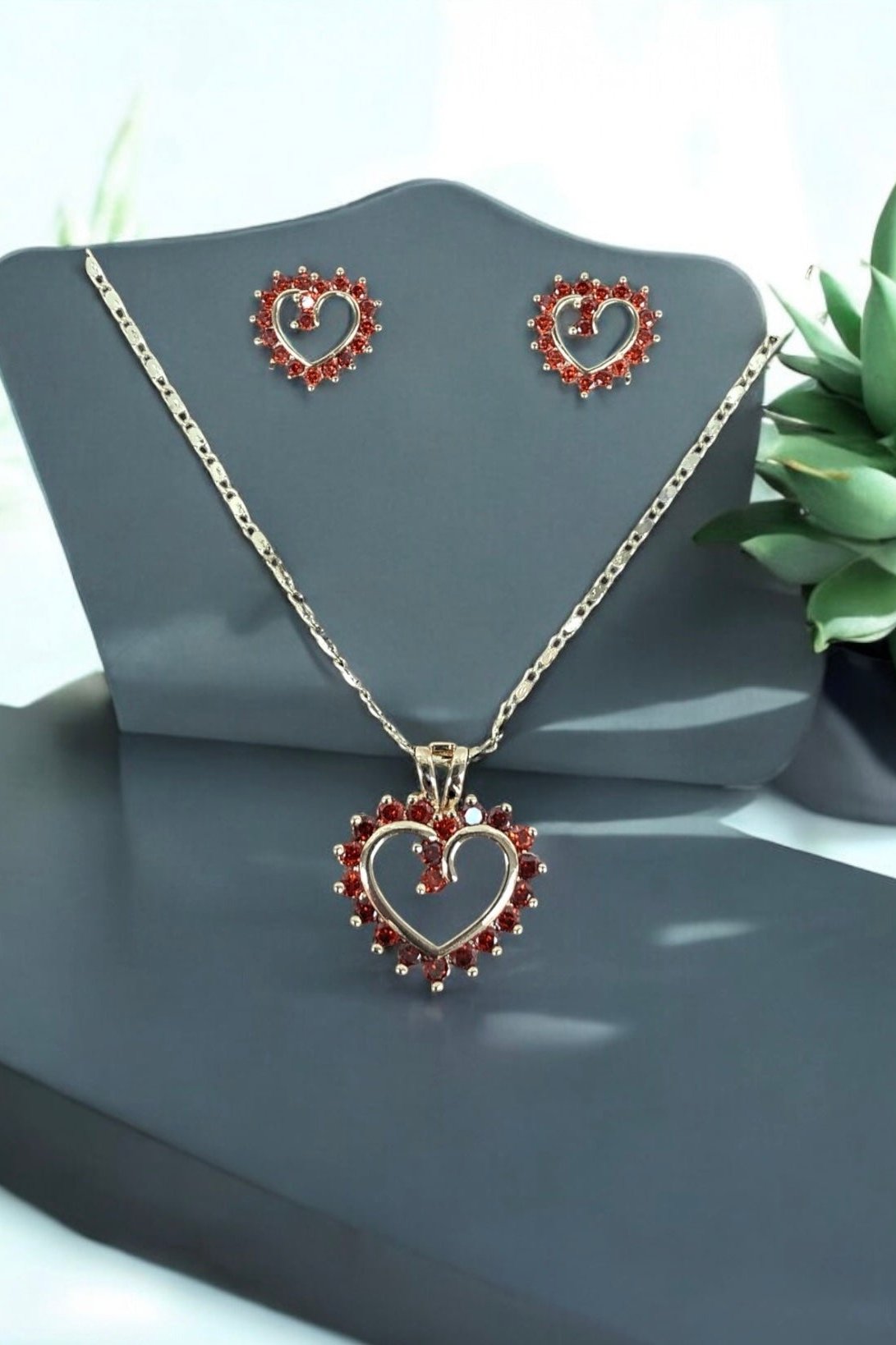 18K Gold Filled Red Zirconia Heart Necklace and Earring Set