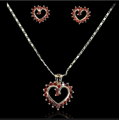 18K Gold Filled Red Zirconia Heart Necklace and Earring Set