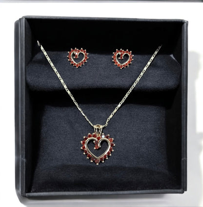 18K Gold Filled Red Zirconia Heart Necklace and Earring Set