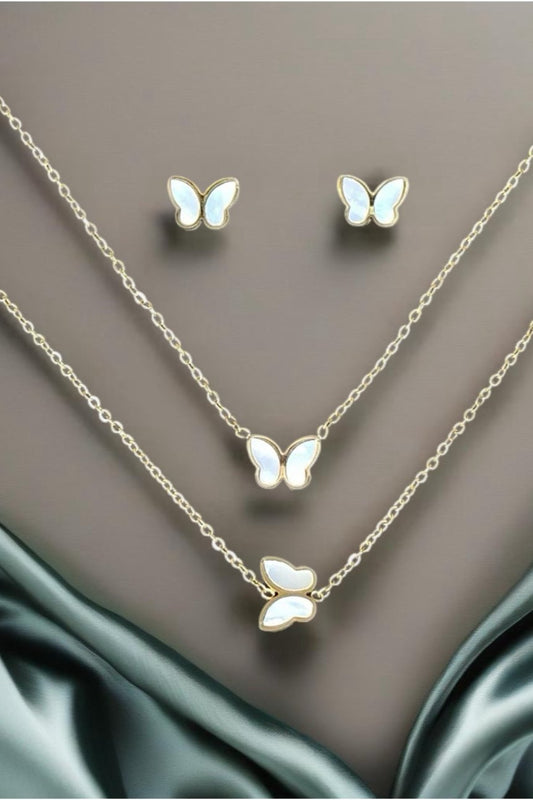 18K White Enamel Stainless Steel Butterfly Necklace, Bracelet and Earring Set