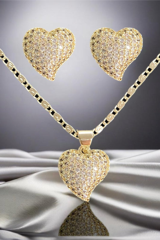 18K Gold Filled Love Heart Pave Necklace and Earring Set