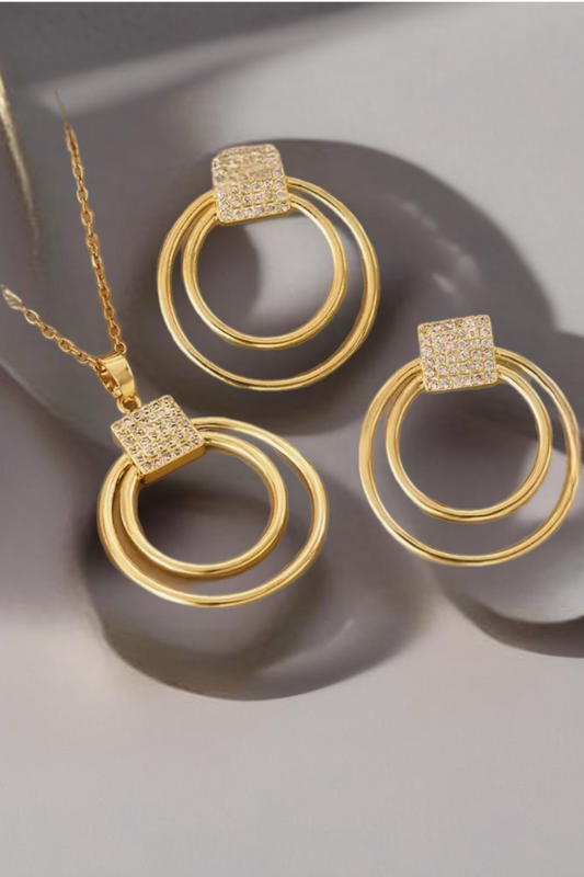 18K Gold Plated Double Round Necklace and Earring Set