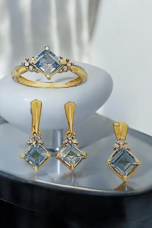 Solid 14K Gold Aquamarine Earring, Pendant, and Ring Set