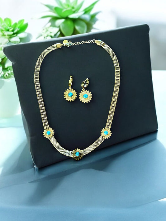 Gold Plated Set of Necklace and Earrings with Blue Center Stone