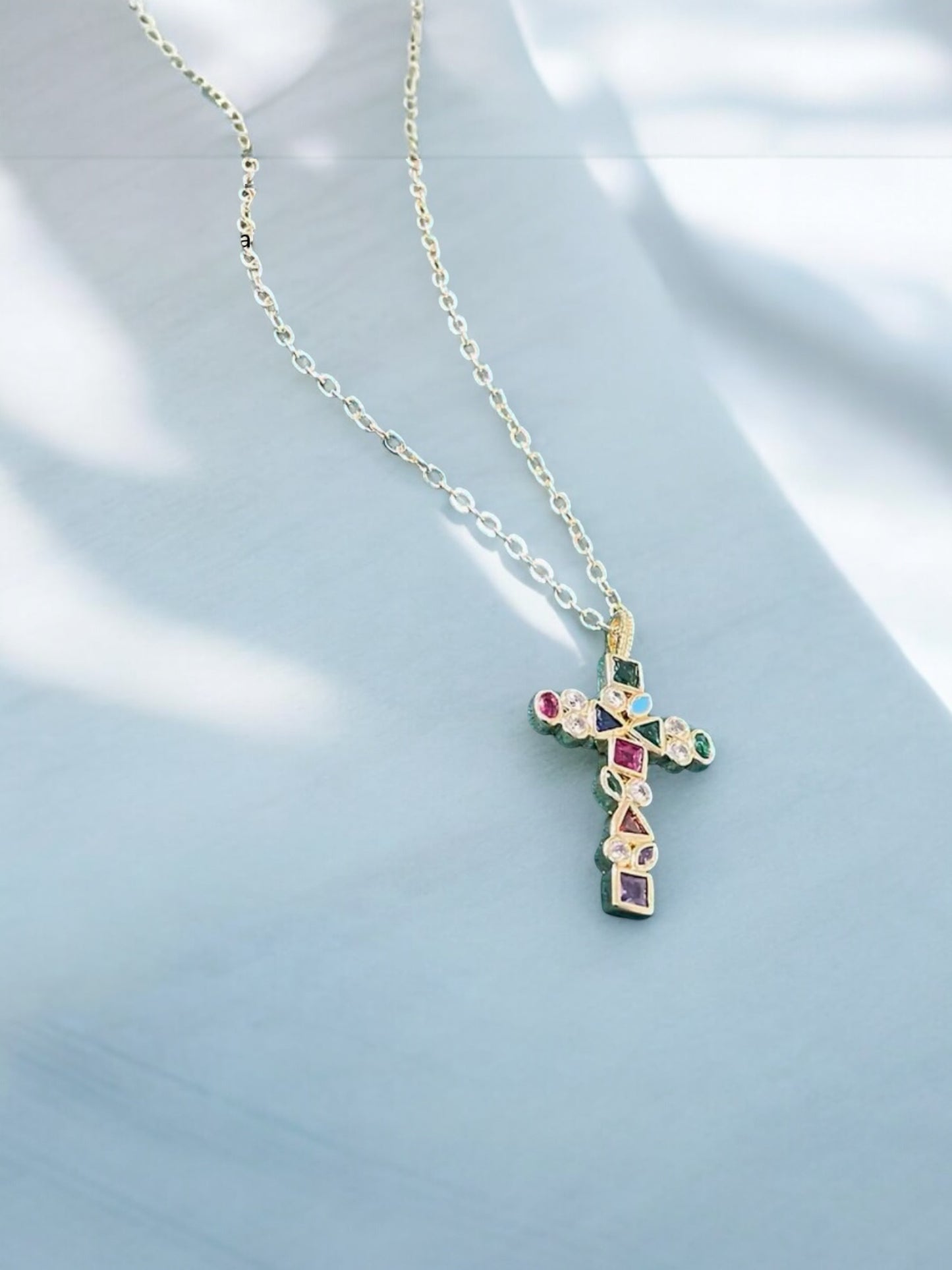 Radiant Colorful Crystal Cross in 18k plated