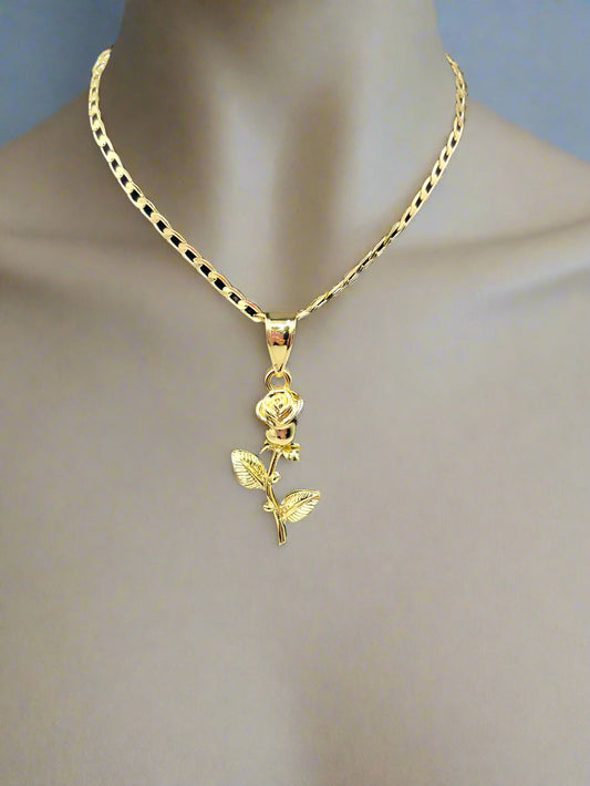 18K Gold Filled Link Chain with Rose Pendant Necklace