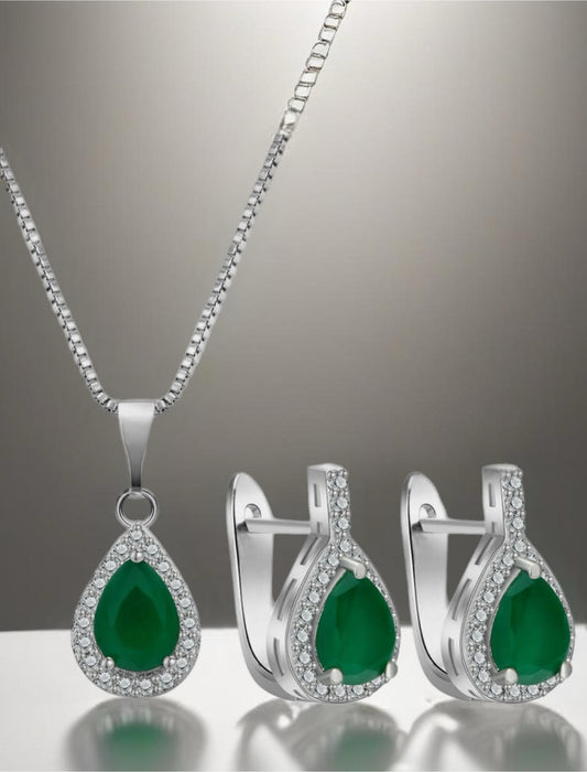 Sterling Silver Lab Emerald and Zircon Stone Necklace and Earring Set